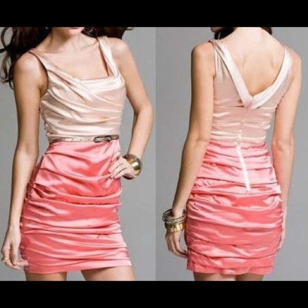 Express ruched silk peach party cocktail dress